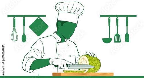 Chef Preparing Fresh Fruit In A Kitchen Setting With Culinary Tools And Essentials