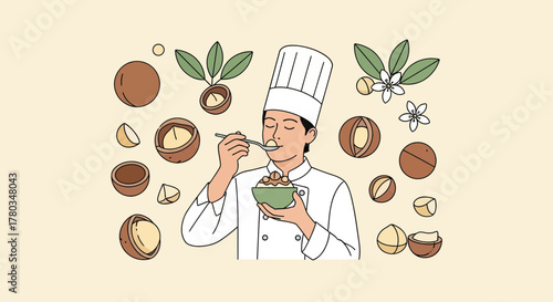 Chef Tasting Delicious Food Crafted With Macadamia Nuts on Cream Background
