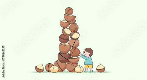 Child Building A Tower With Macadamia Nuts in A Playful and Whimsical Illustration