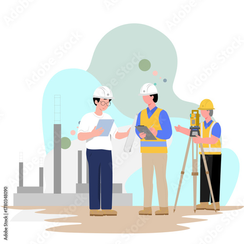 Flat vector illustration of construction engineers and land surveyors discussing project plans on site. Perfect for architecture, civil engineering, and building industry themes.