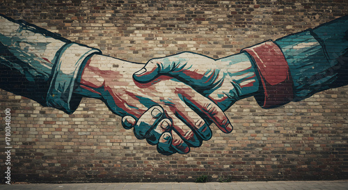A firm handshake depicted in street art against a brick wall  