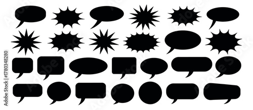 Comic burst, speech bubble, and text box silhouette vector.  essential pop art design elements for retro storytelling, dialogue highlights, comic illustration, and creative layout design.