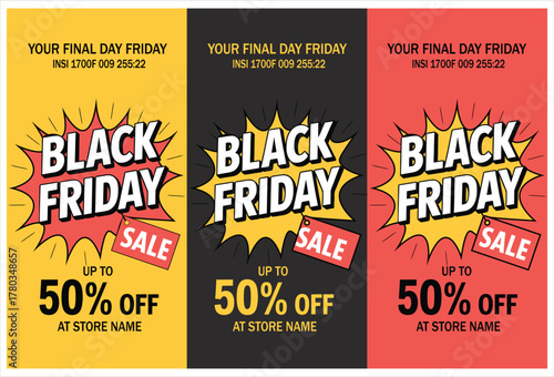 Black Friday Comic Style Sale Promotion with Discount Offers and Final Day Notice Across Various Color Palettes for Retail Marketing Campaigns