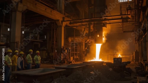 Extreme hot industrial scene: molten metal being poured in a fiery, dark steel factory or foundry environment