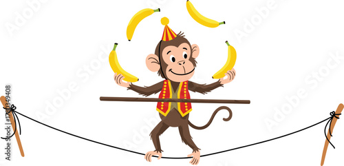 PrintCute circus monkey juggling bananas on a tightrope, cartoon character balancing act, funny performance illustration, playful animal entertainment concept design