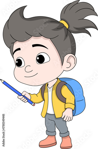 Schoolgirl Carrying Backpack and Pencil Education Cartoon Vector Illustration