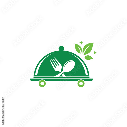 Illustration of food delivery logo showcasing a green food platter with a fork, spoon, and leaves