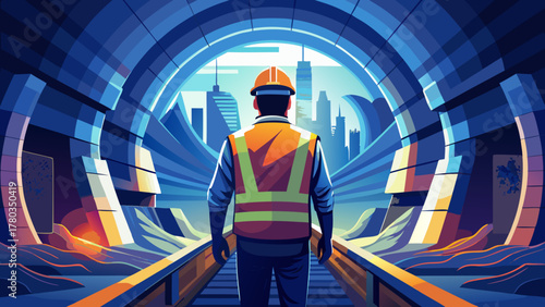 Very beautiful scene of an engineer wearing a reflective vest standing in the middle of a large tunnel, shown from behind or in non-identifiable silhouette form, with strong directional light and real