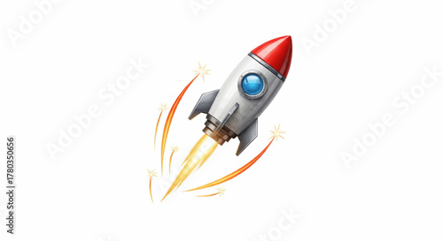 Illustrative depiction of a sleek, silver rocket ship with fins, ascending rapidly with orange and yellow flames spewing from its base against a white background, symbolizing speed and progress