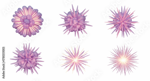 Dynamic abstract purple and pink spheres evolving into luminous bursts of energy, depicting growth, transformation, and radiant light in a captivating sequence