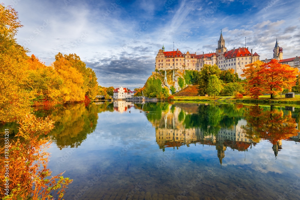 Fototapeta premium Sigmaringen, Germany. Charming autumn landscape with Danube River in Baden-Wurttemberg