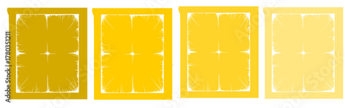 Set of four abstract panels with intricate radiating line patterns within square frames in shades of yellow and gold, bright technological background, energy concept, and geometric digital design.