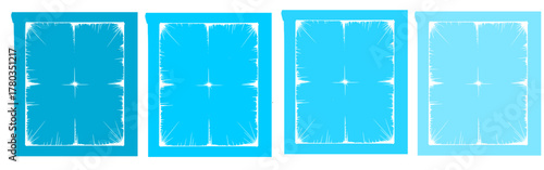 Set of four abstract digital panels with intricate radiating line patterns within square frames in shades of blue and cyan, modern technology background, deep data analysis