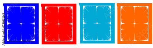 Set of four abstract panels with intricate radiating line patterns inside colorful square frames, complex geometrical design, digital art, technology background, and data visualization concept.