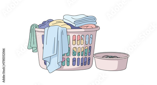 Cartoon illustration of a full plastic laundry basket overflowing with colorful clothes and towels, ready to be washed or folded.