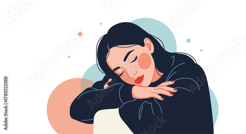 Peaceful young woman with dark hair closes her eyes and gives herself a hug, promoting self-love and mental wellness.