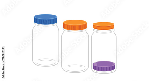 Set of three clear glass jars with colorful lids, one with a blue lid, two with orange lids, and one containing a purple object.