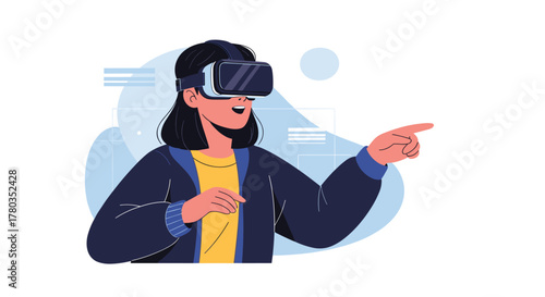 Excited woman wearing a virtual reality headset points enthusiastically while interacting with an immersive digital environment.