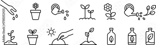 Line Art Icons Illustrating Plant Growth and Gardening vector illustration