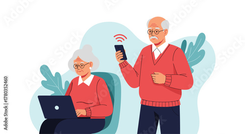 Elderly couple embraces modern technology, with the woman using a laptop and the man holding a smartphone with a wifi connection symbol.