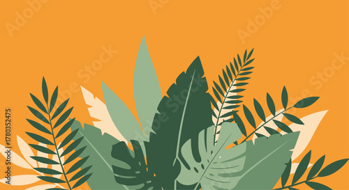 Lush green tropical leaves, including monstera and palm fronds, are beautifully arranged at the bottom against a solid orange background.