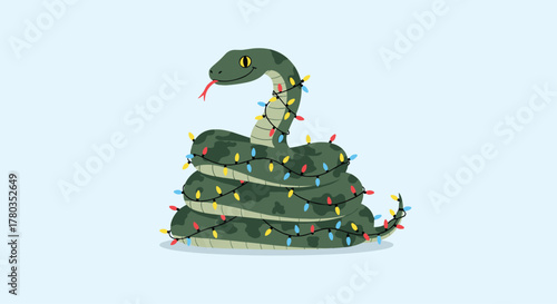 Cheerful green snake is coiled up and wrapped in a festive string of colorful christmas lights against a light blue background.