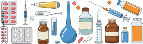 Medical supplies including pills, syringes, and bottles healthcare medicine