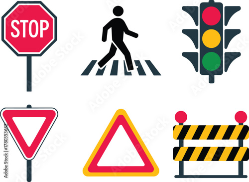 Traffic signs stop yield warning and pedestrian crossing symbols stop sign yield sign