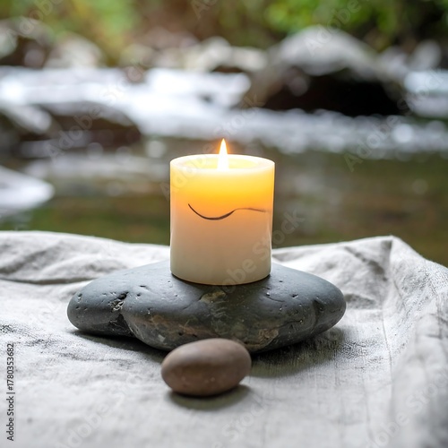Glowing candle on a stone in front of a gentle stream