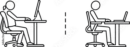 Two people working at desks with social distancing markers office computer