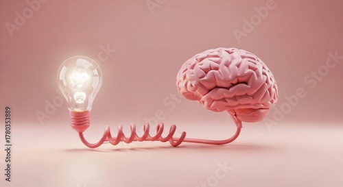 Brain and Lightbulb Connection – 3D Concept Illustration Symbolizing Ideas, Creativity, and Innovation