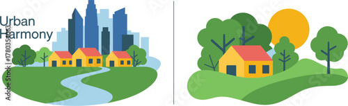 Urban Harmony Text with City and Suburban Houses vs Rural Houses skyline