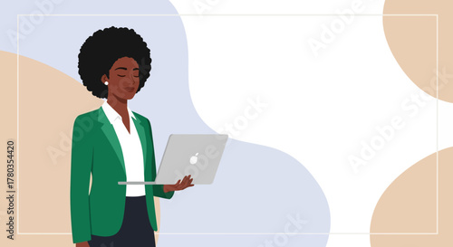 Professional Black Woman Using Laptop with Abstract Background