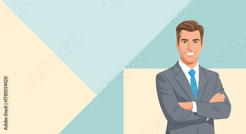 Confident Businessman in a Suit with Arms Crossed, Ready for Business Success, Illustration