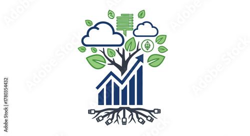 Conceptual illustration of sustainable business growth with technology integration and environmental awareness, representing green economy principles