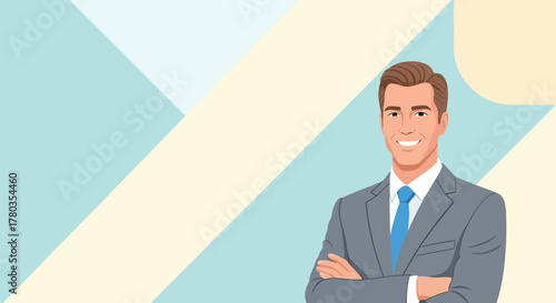 Confident young businessman smiling, arms crossed, representing professionalism and success against a modern geometric background, ideal for diverse corporate and leadership themes