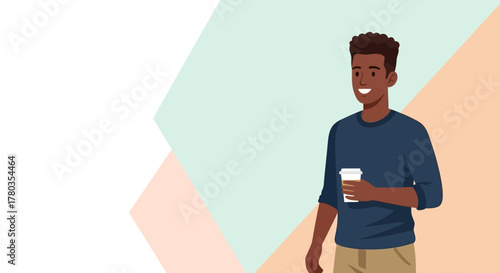 Happy African American Man Holding a Coffee Cup Against a Pastel Background