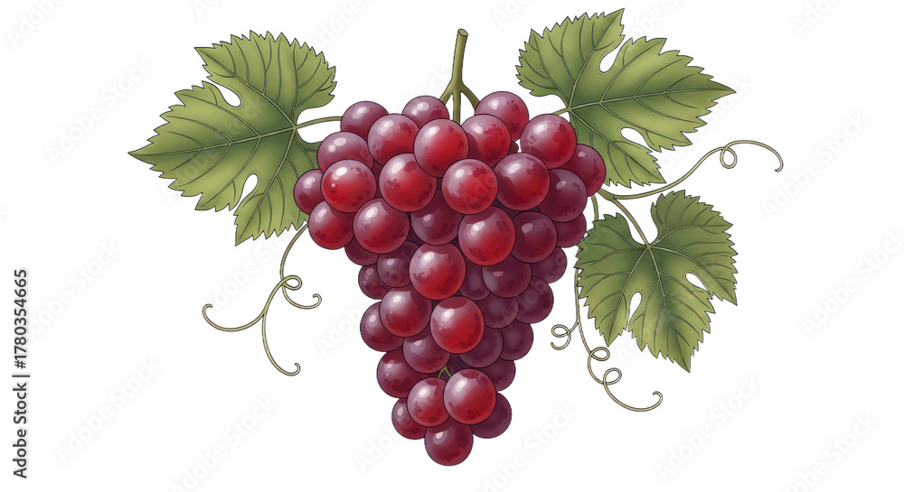 Obraz premium Close up of a bunch of red grapes with green leaves on transparent background