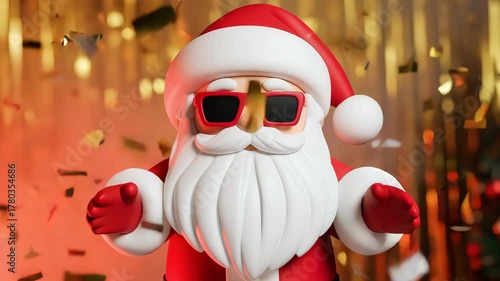 unky Santa Claus character with sunglasses dancing at a Christmas party with golden confetti.【Generative AI】
