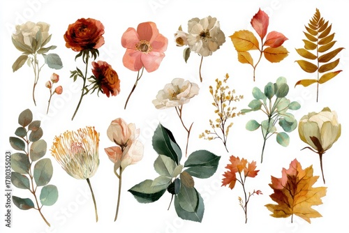 Vibrant watercolor flowers and leaves in stunning variety, featuring roses, anemones, and autumn tones, perfect for nature enthusiasts and botanical art lovers