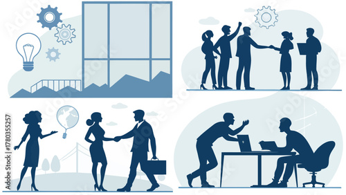 Illustration of business collaboration with handshake and idea generation in a corporate environment silhouette