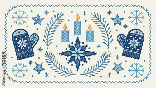 Winter themed illustration with mittens, snowflakes, stars, candles, and branches arranged in a pattern silhouette