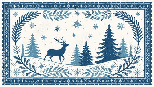 Winter scene with deer and trees framed by floral and star border in shades of blue and white color palette silhouette