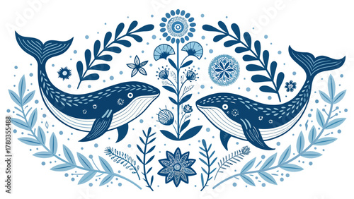 Two stylized whales facing each other surrounded by floral and leafy elements in shades of blue and white silhouette