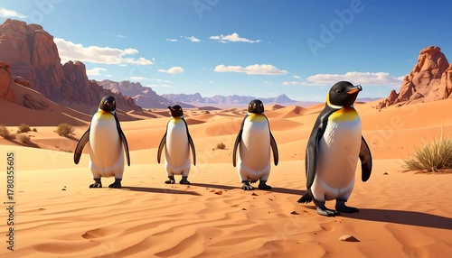 Fototapeta Naklejka Na Ścianę i Meble -  Four penguins stand in a desert landscape with reddish rock formations and sand dunes under a bright, cloud-dotted sky