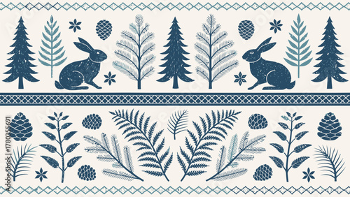 Decorative pattern featuring rabbits, pine trees, pine cones, flowers, and ferns in a symmetrical layout silhouette