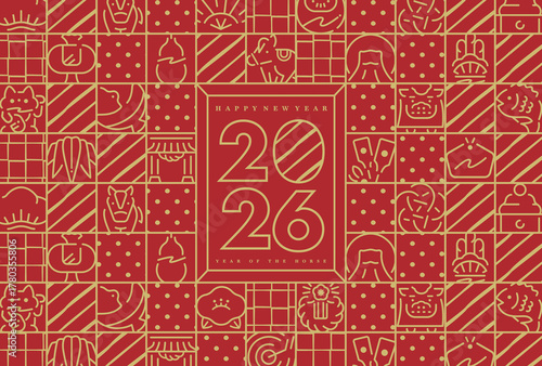 和モダン年賀スタイルの2026年縁起の良い馬と金の幾何学線によるフレーム背景バックグラウンド