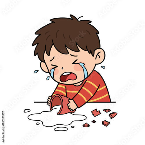 Upset Boy Crying Over Broken Cup and Spilled Liquid.