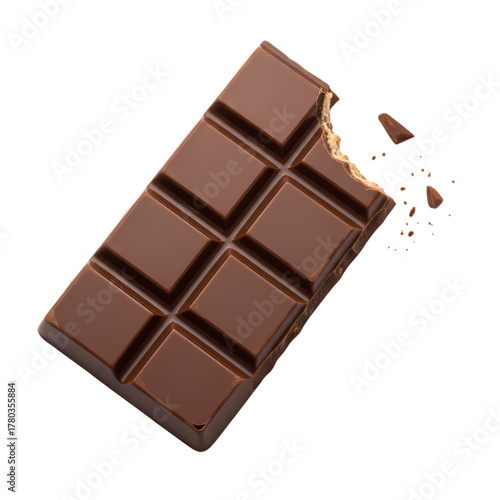 Delicious bitten chocolate bar with crumbs falling