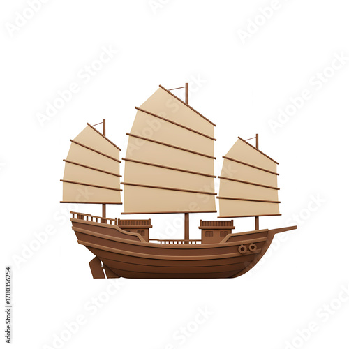3D Rendered Chinese Junk Boat Illustration on Isolated Black Background